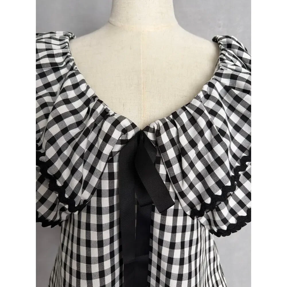 Sugarlips Gingham Top Exaggerated Collar with Bow Women's Medium NEW